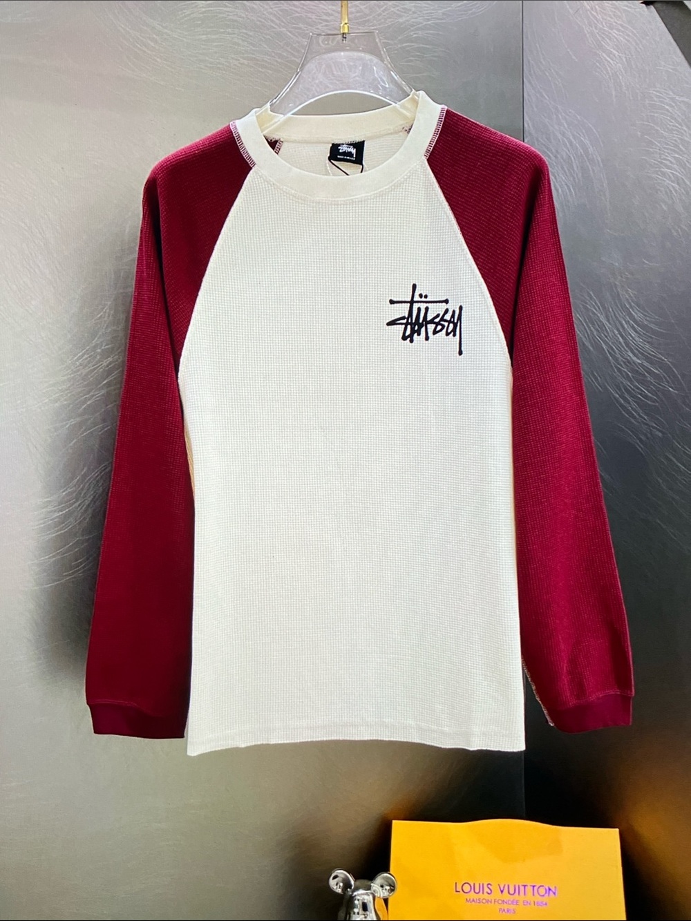 Stussy Two-Tone Cream and Berry Long Sleeve Waffle Tee